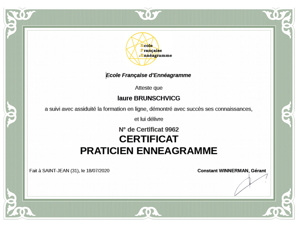 Certificat de praticien en enneagramme de Laure Brunschvicg
