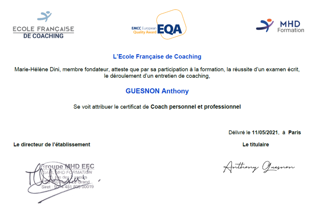Certificat de coach personnel et professionnel de Anthony Guesnon