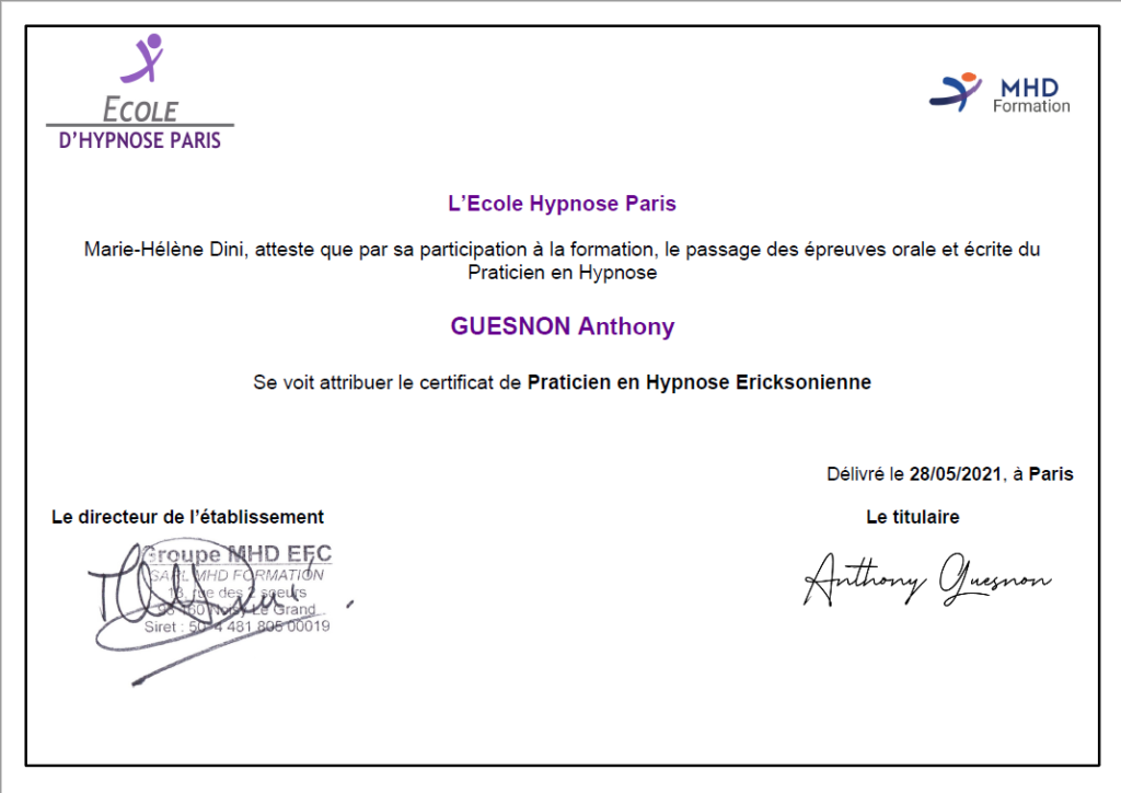 Certificat de praticien en hypnose Ericksonnienne de Anthony Guesnon
