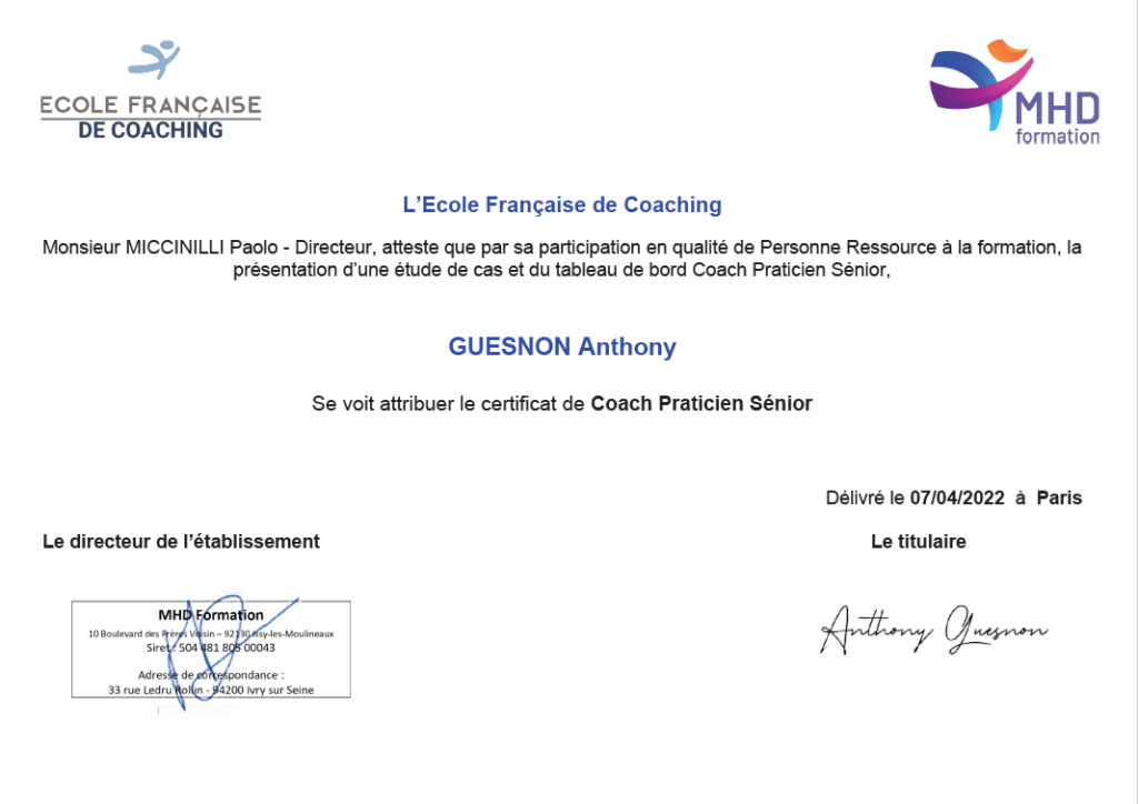 Certificat de coach praticien sénior de Anthony Guesnon
