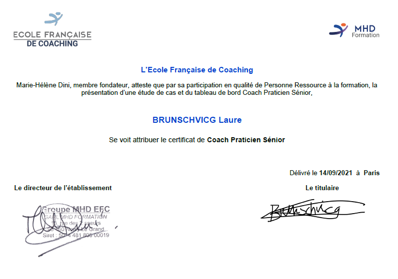 Certificat de coach praticien sénior de Laure Brunschvicg
